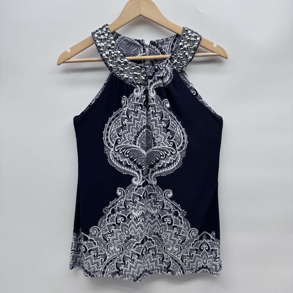 INC International Concepts Womens Halter Top M Navy White Paisley Beaded Jewels